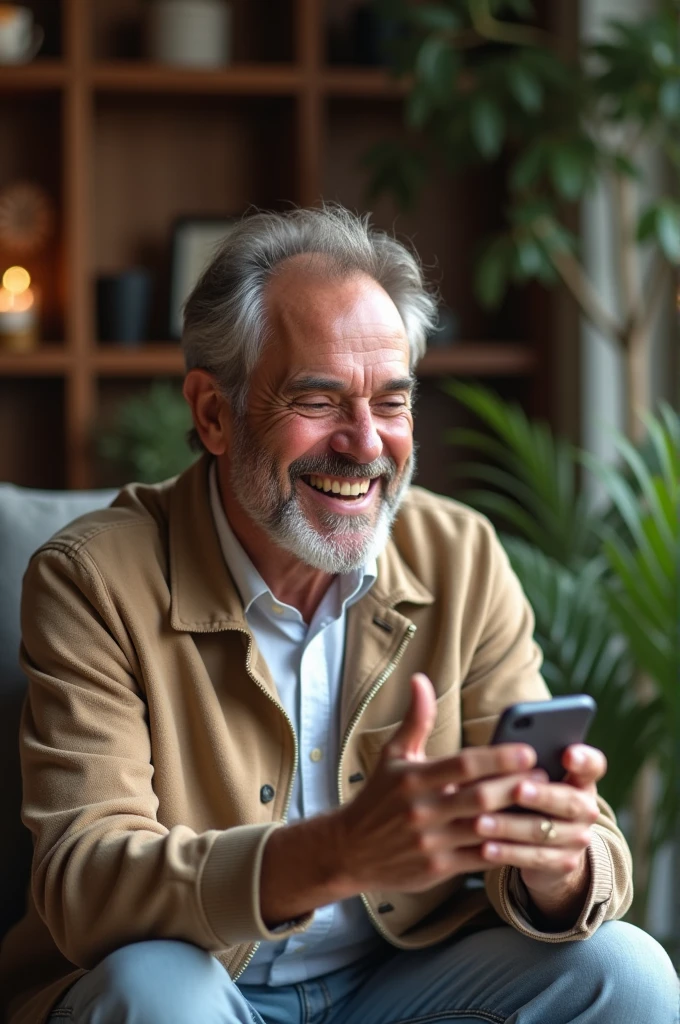 Man using smartphone & laughing