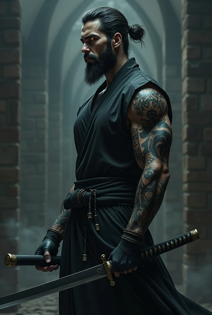 A man, ninja, demon lord, shadow power, darkness, black katana, one hand swordman, dark demon king eyes, handsome