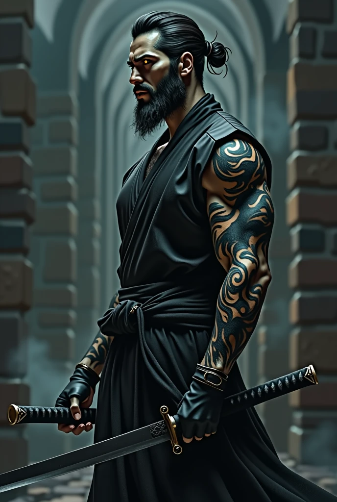 A man, ninja, demon lord, shadow power, darkness, black katana, one hand swordman, dark demon king eyes, handsome