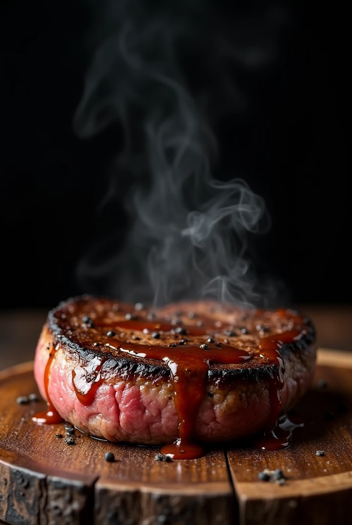 steak recipe clean photography realistic food, Steam rising, The steak is topped with peppercorn sauce、Dripping from the sides of the steak, On a rustic wooden floor, Placed on a dark background, Medium contrast