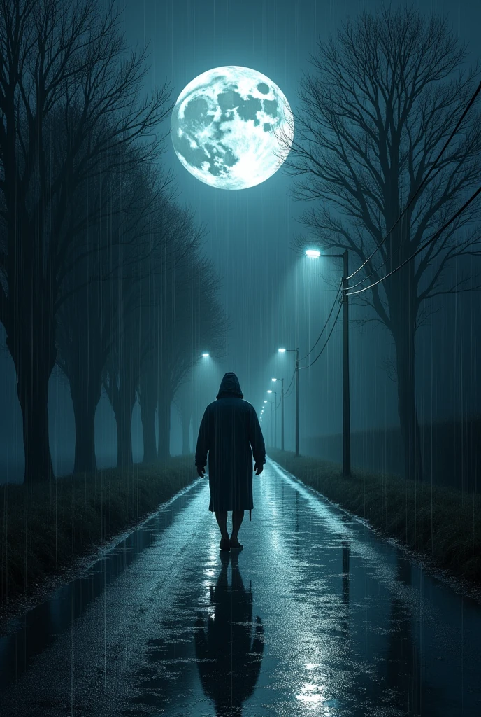 A man walking in rain in a road with full moon