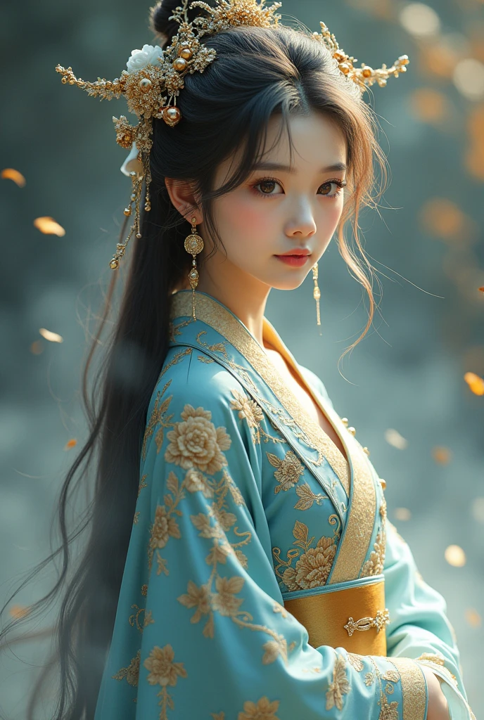 Boy, solo, (((gold and blue dress))), flowers, jewelry, long sleeves, wide sleeves, chinese clothes, hanfu, embroidery, long skirt, long flowing hair, detailed face, detailed beautiful eyes, (intricate:1.3), (arcane aura:1.2), (dreamlike:1.3), (subtle mist:1.1),(vibrant colors:1.2), (detailed hair:1.3), (ultra realistic details:1.5), female looking
