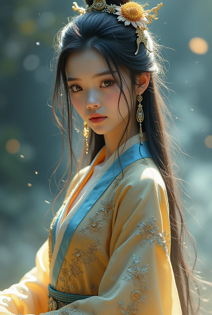Boy, solo, (((gold and blue dress))), flowers, jewelry, long sleeves, wide sleeves, chinese clothes, hanfu, embroidery, long skirt, long flowing hair, detailed face, detailed beautiful eyes, (intricate:1.3), (arcane aura:1.2), (dreamlike:1.3), (subtle mist:1.1),(vibrant colors:1.2), (detailed hair:1.3), (ultra realistic details:1.5), female looking 