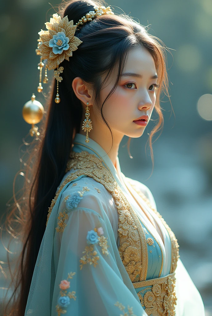 Boy, solo, (((gold and blue dress))), flowers, jewelry, long sleeves, wide sleeves, chinese clothes, hanfu, embroidery, long skirt, long flowing hair, detailed face, detailed beautiful eyes, (intricate:1.3), (arcane aura:1.2), (dreamlike:1.3), (subtle mist:1.1),(vibrant colors:1.2), (detailed hair:1.3), (ultra realistic details:1.5), female looking