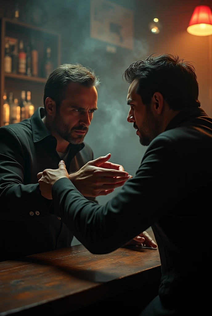 A man brushes away another man&#39;s hand in a bar.