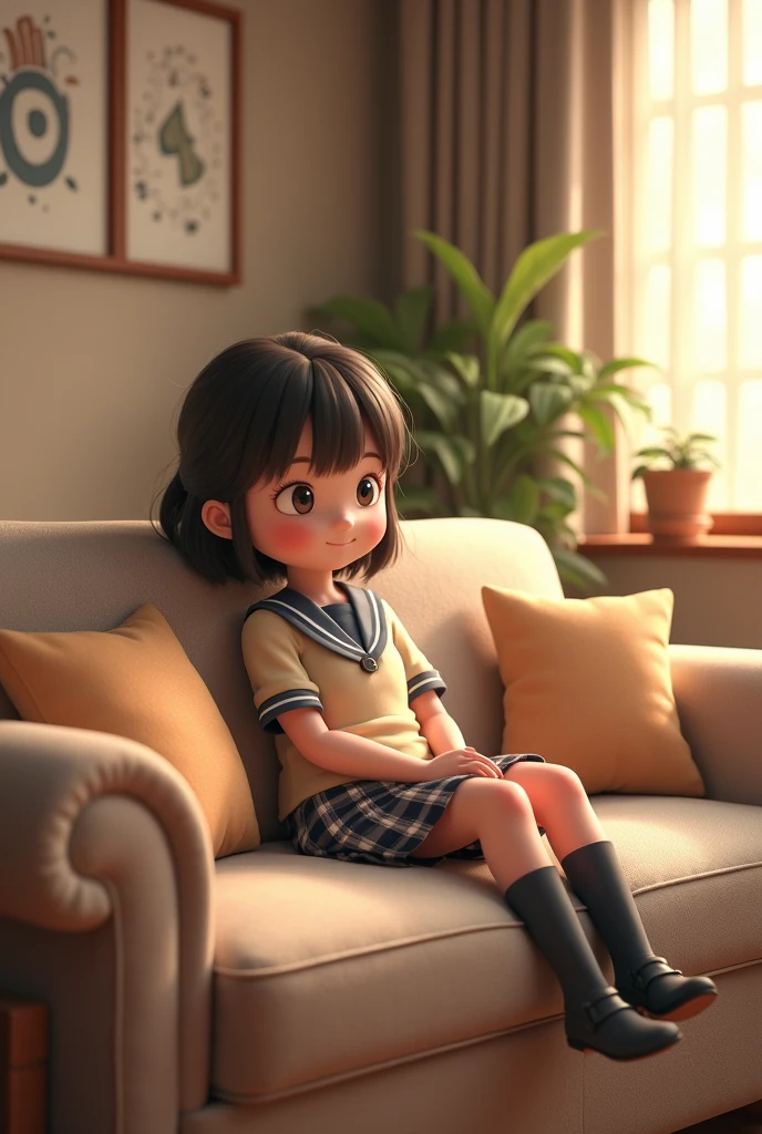 schoolgirl sitting on couch
