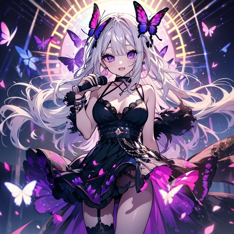 2 people、Mature、Ample breasts、Long Hair、Long eyelashes、White haired girl and purple haired girl、Idol Group、2 people組み、Diva、Open Mouth、sing、Back to Back、Live Stage、Black costume、Lace fabric、Shoulder Bare、Miniskirt、garter、choker、Earrings、bracelet、Hold the microphone、Butterflies fluttering、Spotlight、Night view、Downtown、A seductive smile、Eyeshadow on the outer corner of the eye、mascara、smile、cool、Charm、Gorgeous、prism、High resolution、Highest quality