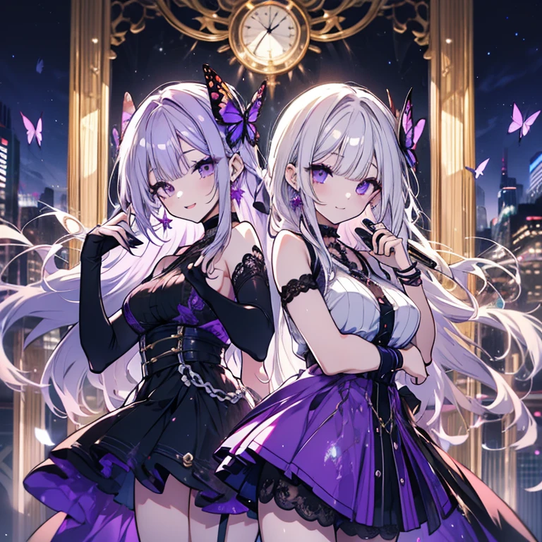 2 people、Mature、Ample breasts、Long Hair、Long eyelashes、White haired girl and purple haired girl、Idol Group、2 people組み、Diva、Open Mouth、sing、Back to Back、Live Stage、Black costume、Lace fabric、Shoulder Bare、Miniskirt、garter、choker、Earrings、bracelet、Hold the microphone、Butterflies fluttering、Spotlight、Night view、Downtown、A seductive smile、Eyeshadow on the outer corner of the eye、mascara、smile、cool、Charm、Gorgeous、prism、High resolution、Highest quality