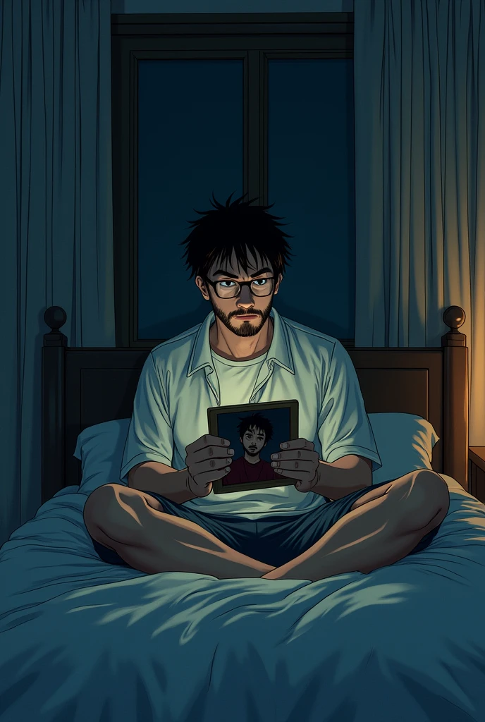A night scene in a quiet bedroom. The man, sitting on a bed, is looking at a framed photo. Make it manga