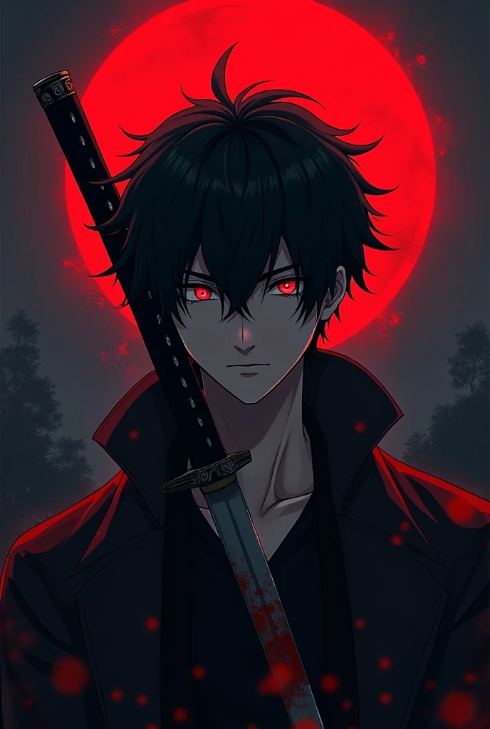 An anime guy looks like an handsome killer , background full moon red dark night , a katana on his hand ( text on sky Dev's mystery life) blood on his face