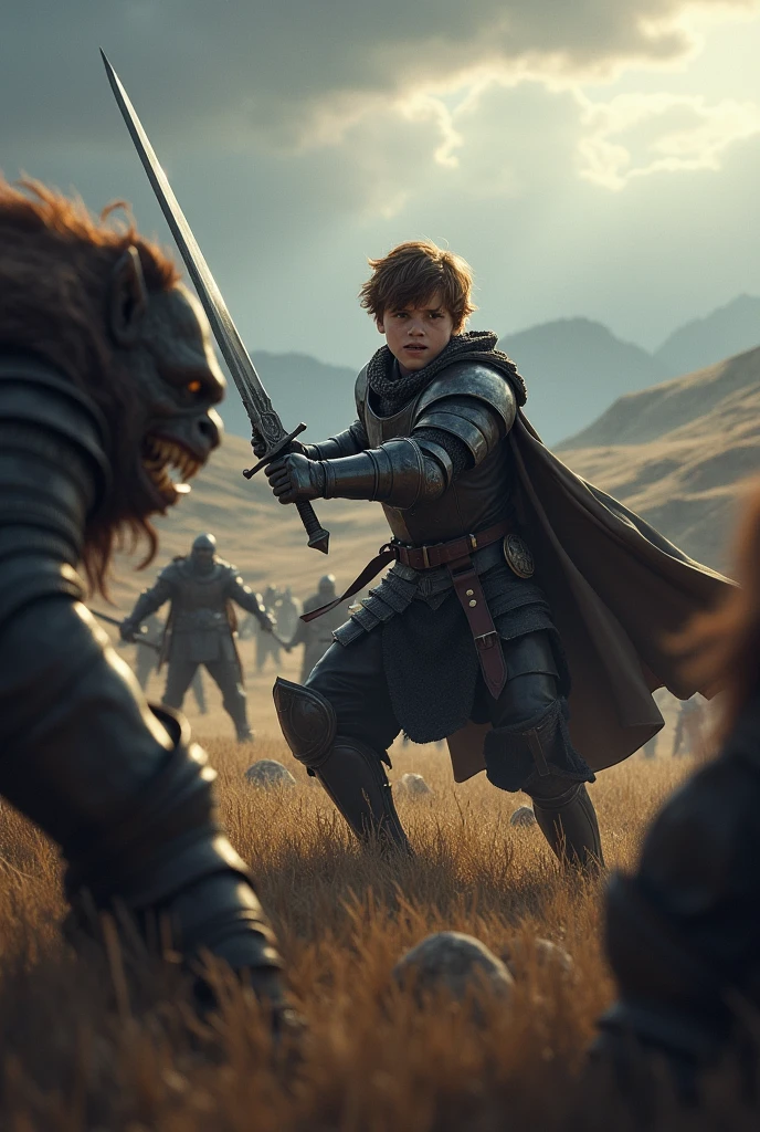 generate landscape picture, 1080p, generate brave young man with brown hair , wearing black armor, a knight with a sword, battle the orcs with fierce and without fear, he killed one orc of the hordes