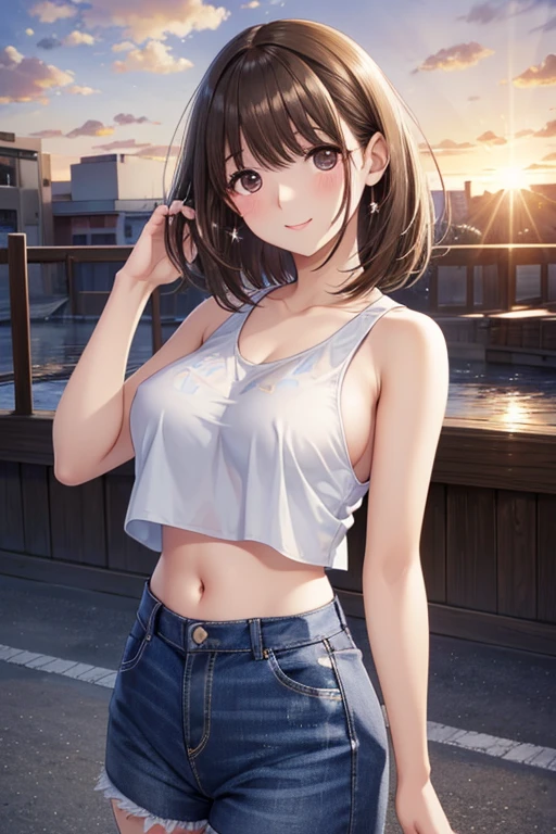 anegasaki nene、Shiny brown hair, short hair, (Beautiful brown eyes、Sparkling eyes, Fine grain)、smile、Ultra-detailed eyes、Very detailedな顔, Very detailedな目,
Highest quality, 、Ultra mini skirt、Beautiful thighs、Beautiful belly button、Beautiful Faces、beautiful cameltoe、 One Girl, solo, short hair, Mid-chest, Cowboy Shot, street, Off-the-shoulder crop knit, sunset,
(Highest quality:1.5),(Very detailed:1.5),(High resolution:1.5)、
