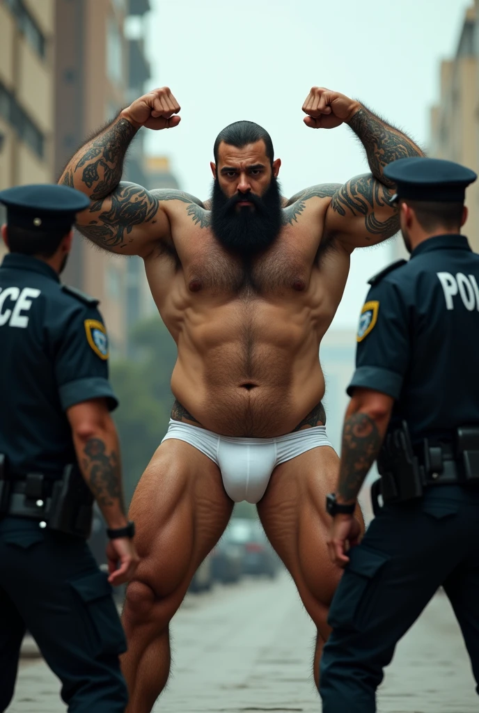 A man from Iran big huge muscular hairy and bearded, standing, in white underwear, with legs apart from each other, with hands raised above the head, being searched by two police officers.