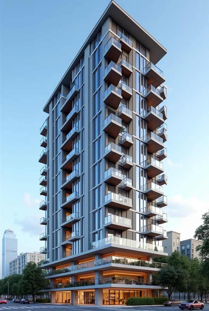(photorealism:1.2), 20 storey residential apartment building in broad day eye level view, 4 story parking at lower level