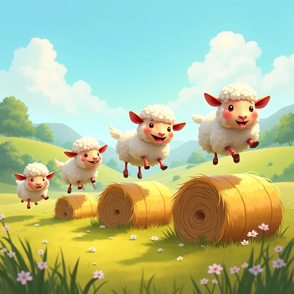 sunny day, sheeps jumped high over bales of hays,