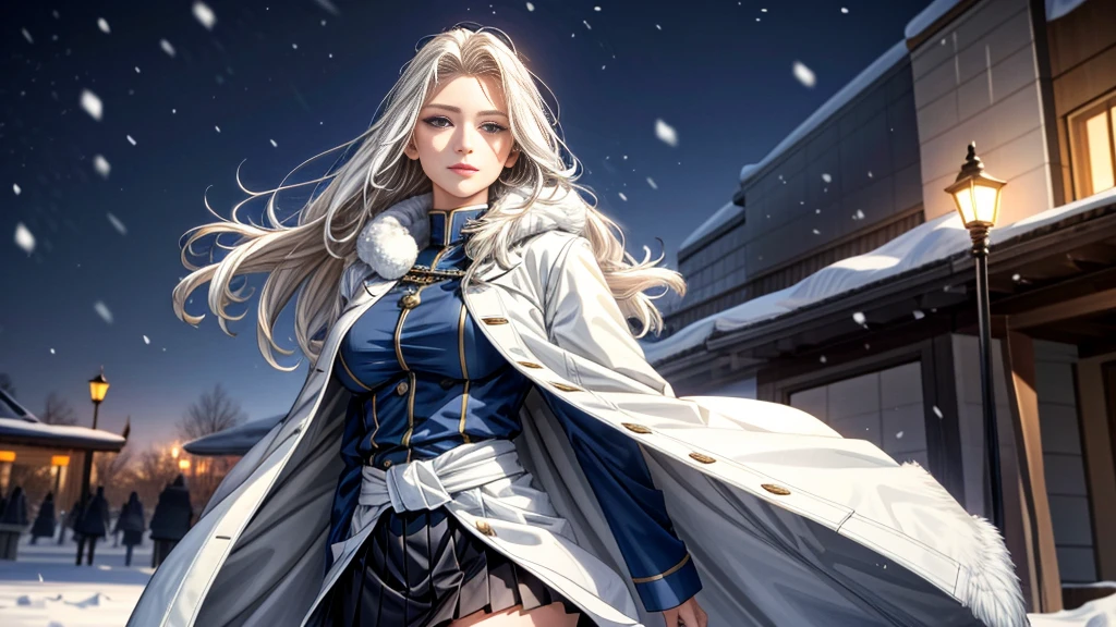 (highest resolution, distinct_image), realistic, Best quality, single person, one girl, solo, masterpiece, highly detailed, realistic, long hair, braided white blond hair, (blue military uniform underneath the coat), depth of field, (falling snow), ((big breasts)), authoritative, dignified, calm and powerful expression, ambient lighting, exquisite facial feature, (fur-trimmed white coat), open coat, short skirt, looking at viewer, head to waist, dynamic angle, light smile, ((from front)), ((quiet and spacious plaza in background))