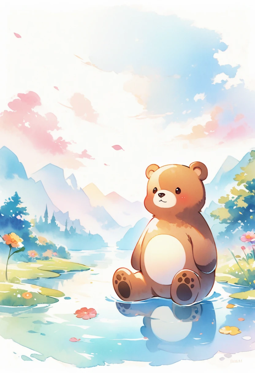 (best quality, high resolution, Watercolor brown bear,river