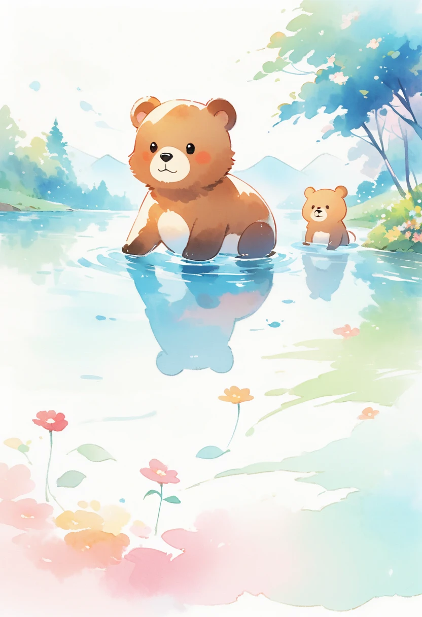 (best quality, high resolution, Watercolor brown bear,river