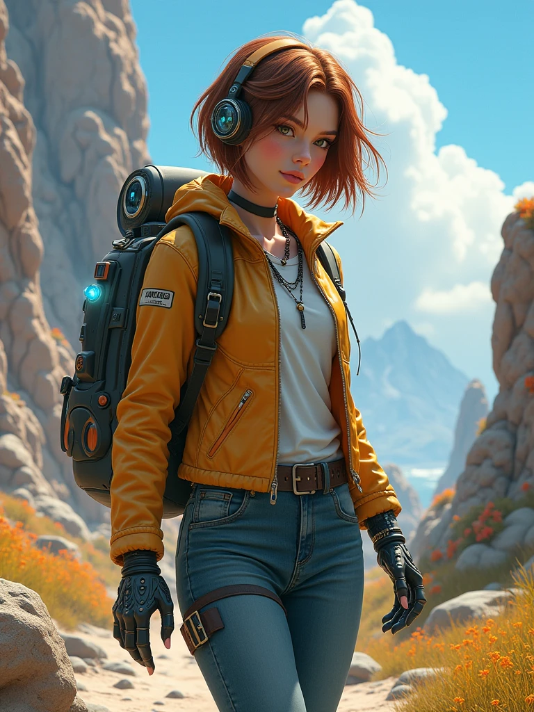 A pretty girl, 2, wearing beautiful fashionable casual clothes, short brown hair, pretty eyes, half robot, night vision, fantasy, vibrant colors, futuristic,