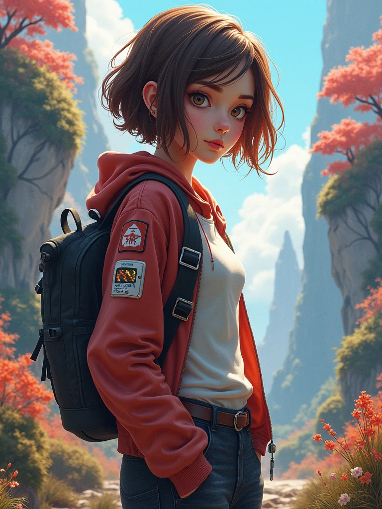 A pretty girl, 2, wearing beautiful fashionable casual clothes, short brown hair, pretty eyes, half robot, night vision, fantasy, vibrant colors, futuristic,