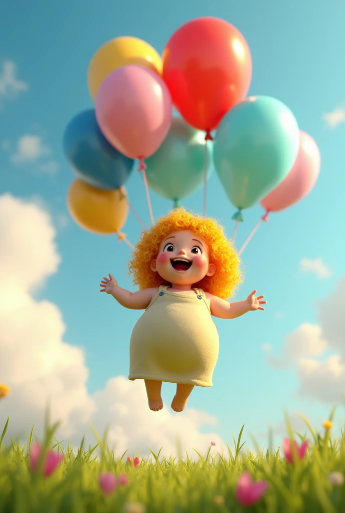 Create a Pixar-like image for me, of a young woman, chubby girl, White skin, yellow curly hair , with many balloons