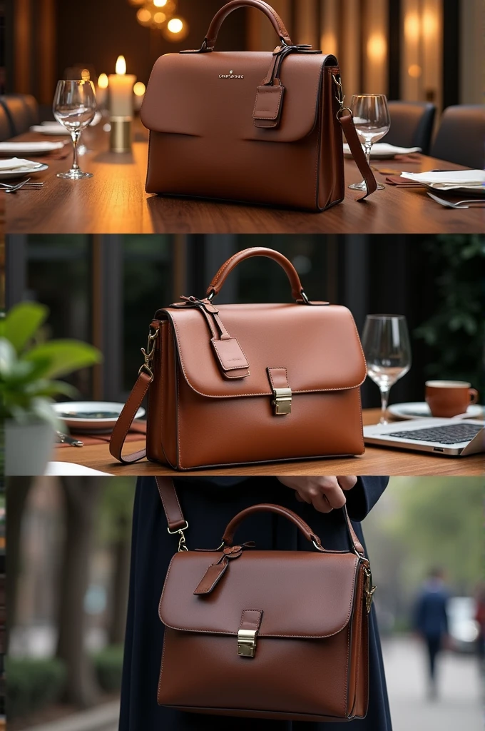 bag in different angles and situations: an elegant dinner, a business meeting, a casual walk