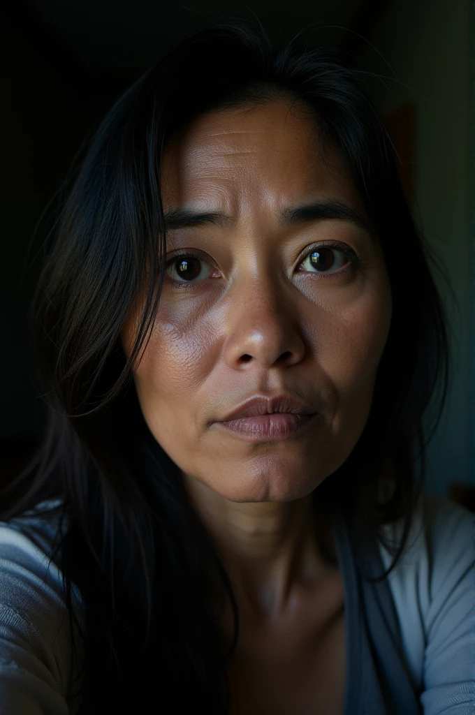 Selfie of a Poor ugly Filipina, with dark background, long hair. 35 yrs old. Selfie until shoulder only