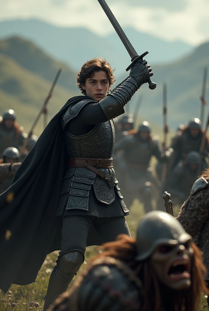 generate landscape picture, 1080p, generate brave young man with brown hair , wearing black armor, a knight with a sword, battle the orcs with fierce and without fear, he killed one orc of the hordes