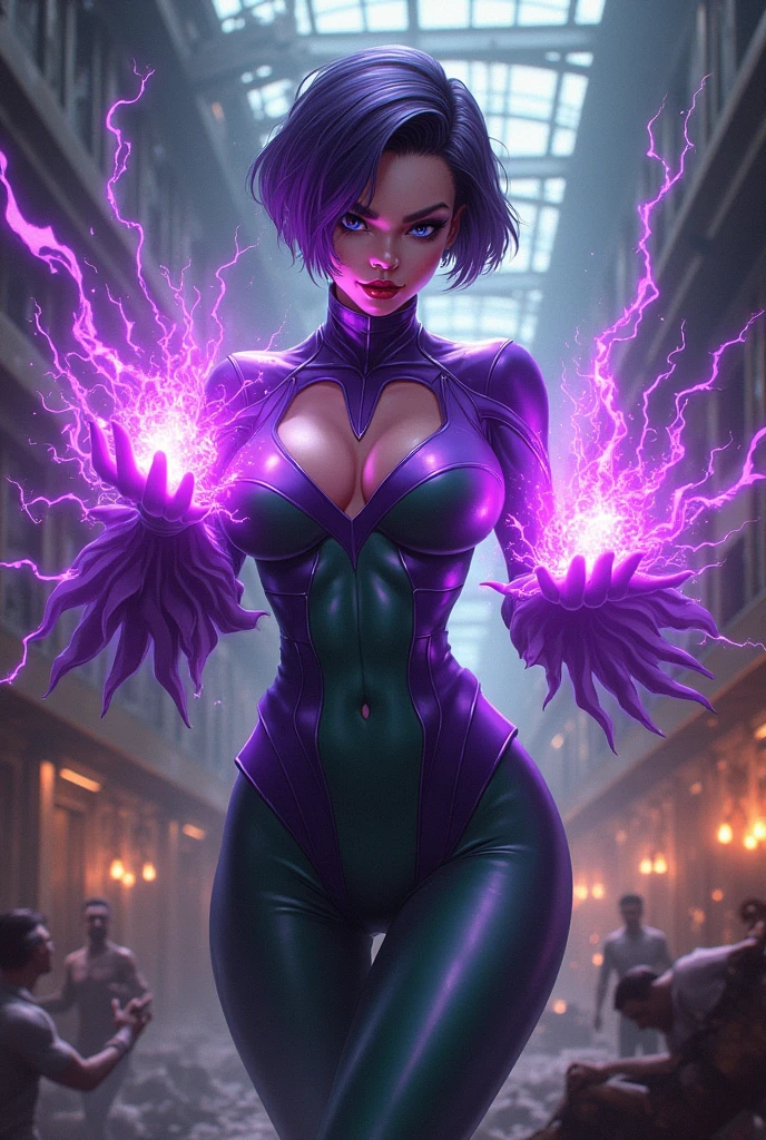 Dark purple short cropped haired villainess with magnetic powers, wearing a skintight purple and green costume and destroying a factory. Blue eyes, glossy red lips. Evil smirk. Purple magnetic energies swirl around her hands and create a protective aura around her body. Evil wins. Humans dying.