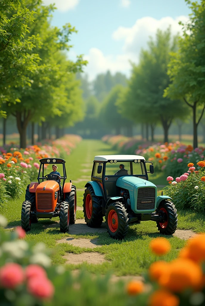 A car, A tractor and a bicycle without characters, Walking side by side, A garden with trees and flowers