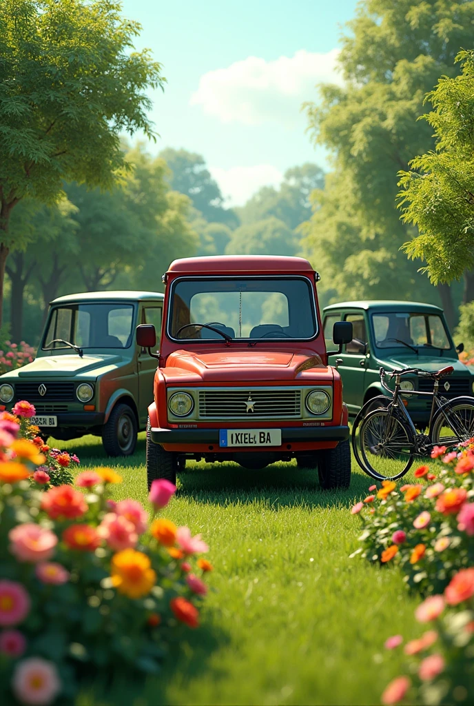 A car, A tractor and a bicycle without characters, Walking side by side, A garden with trees and flowers