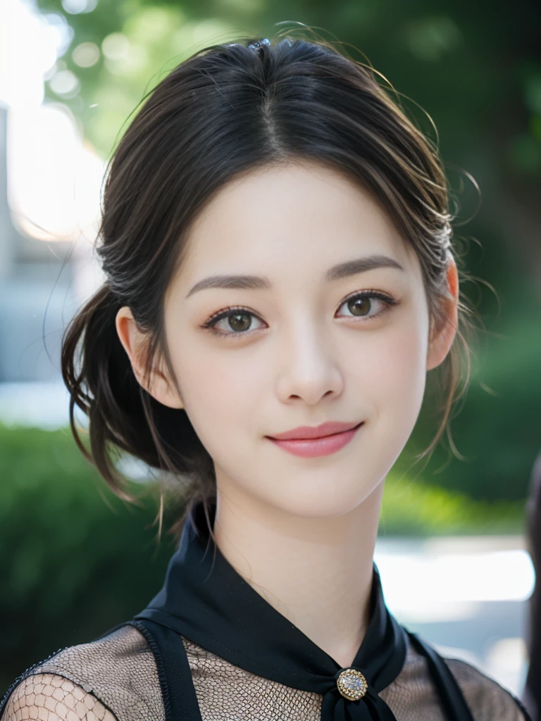 a Close-up portrait of gorgeous smiling cute Japanese woman in a glamorous Fishnet dress outfit, delicate facial features, porcelain-skinned, ponytail, a fusion of young Marion Cotillard's striking eyes and young Anne Hathaway's introspective gaze, long and slender cute face, curved eyebrows, droopy hooded eyes, lower nasal bridge, slim wavy nose, smiling, thin lips, short pixie cut hair, silhouette, bokeh, skylight atrium pool background,  depth of field, photo, film,