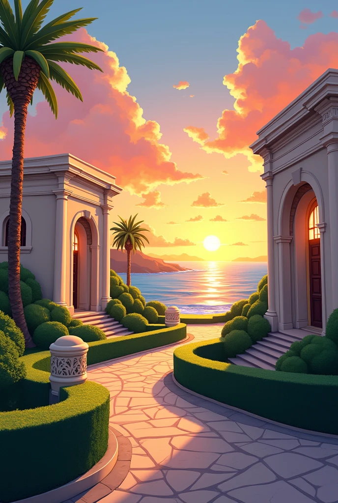 a painting, riman architecture, garden or outdoor scene like sunset and beachviews, not too much blended colors, easy to draw, easy to paint, not too detailed