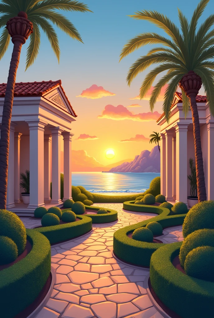 a painting, riman architecture, garden or outdoor scene like sunset and beachviews, not too much blended colors, easy to draw, easy to paint, not too detailed