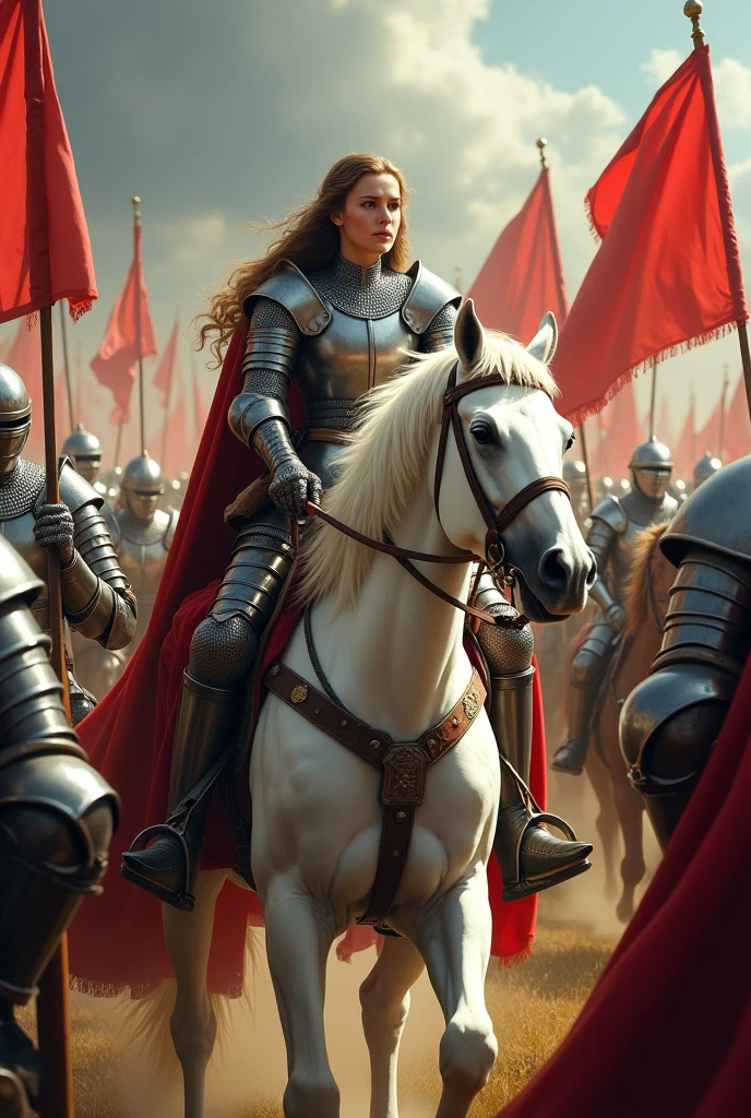 joan of arc leading a battle surrounded by knights on a horse
