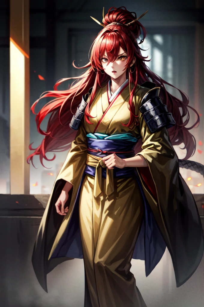 earing armor One adult female, wearing light armor, wearing black kimono, Long Hair, red hair, golden Eyes, snake pupils, Light makeup, intense anger, tite waist, full body, big hair, hair over eye, anime, cinematic lighting, cowboy shot, UHD, retina, masterpiece, accurate, anatomically correct, textured skin, super detail, high details, high quality, award winning, best quality, highres, 8k
