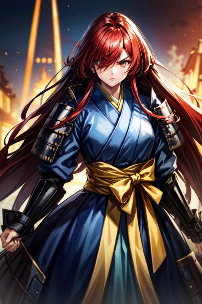earing armor One adult female, wearing light armor, wearing black kimono, Long Hair, red hair, golden Eyes, snake pupils, Light makeup, intense anger, tite waist, full body, big hair, hair over eye, anime, cinematic lighting, cowboy shot, UHD, retina, masterpiece, accurate, anatomically correct, textured skin, super detail, high details, high quality, award winning, best quality, highres, 8k