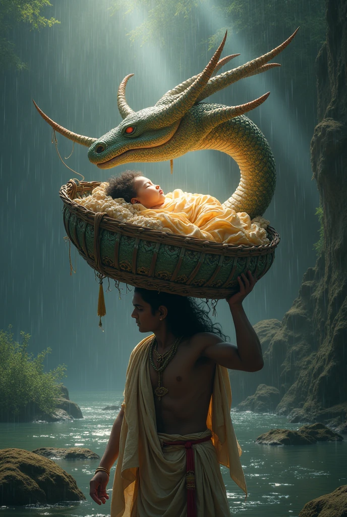  Shri krishna with divine face sleeping in busket  on basudeb head in river and above    basuki naag  10 heads snakes hood shelter to protect from rain.   fantasyreal.