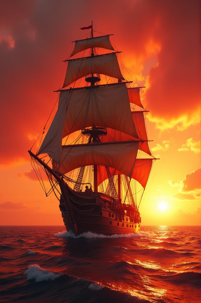 Huge pirate ship sailing on the sea, with a red sunset reflecting on the water, very large sail with golden fabrics, there are pirates on deck