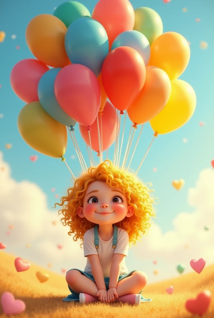 Create a Pixar-like image for me, of a young woman,  chubby girl, White skin, yellow curly hair , with many balloons, sitting
