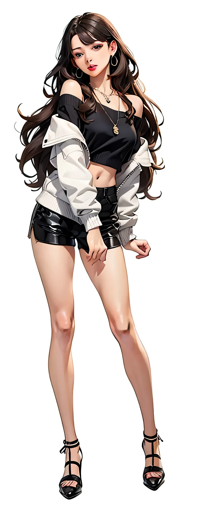 Girls, Long hair, Jewelry, White Background, Earrings, Shorts to Thighs, Whole Body, Simple Background, Off-the-shoulder, Heels, Black hair, red lips, Jacket, Looking at the audience, crop top, wavy hair, black shoes, Chest, Off-the-shoulder, Standing, Makeup, Necklace, Navel, Shorts, White Jacket, Long sleeves, Sweater, Black shirt, Shirt, Brown hair,