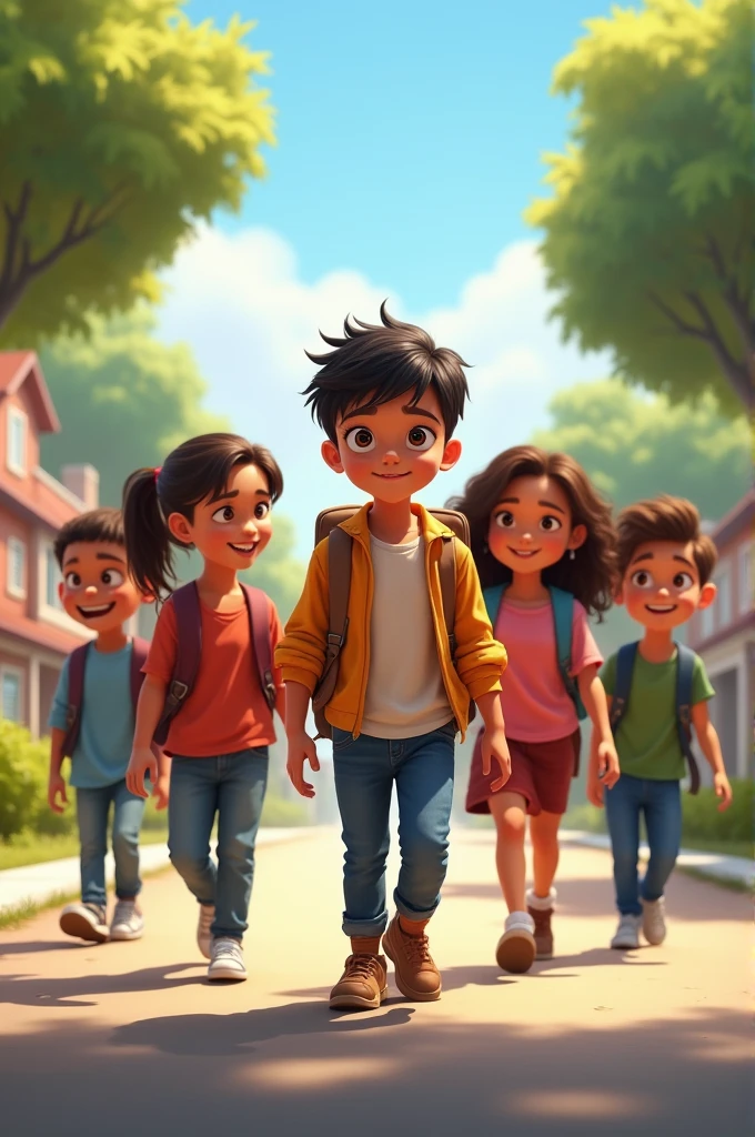 A boy whose name is Azhar written on his bog going to school with his four friends