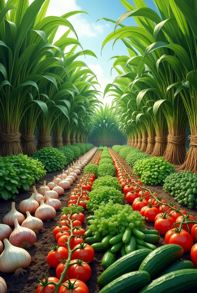 The picture of the vegetable garden is as follows: onion, garlic, cucumber, tomato, onion, sugarcane.