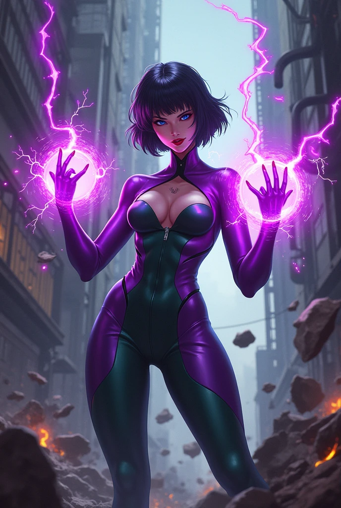 Dark purple short cropped haired villainess with magnetic powers, wearing a skintight purple and green costume and destroying a factory. Blue eyes, glossy red lips. Evil smirk. Purple magnetic energies swirl around her hands and create a protective aura around her body.  Evil wins. Humans dying.