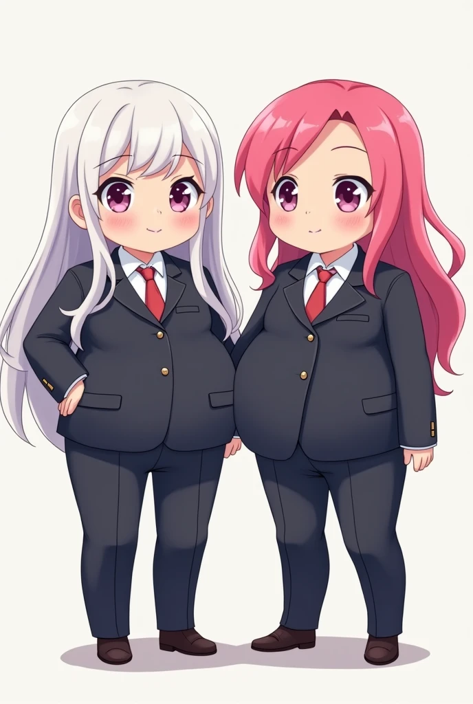 two cute Anime girls in business suits with big belly, one with white hair and one with pink hair