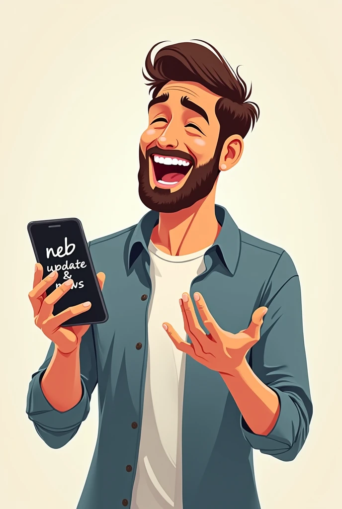 Man showing smartphone & laughing and writing "NEB Update & News" on smartphone screen.