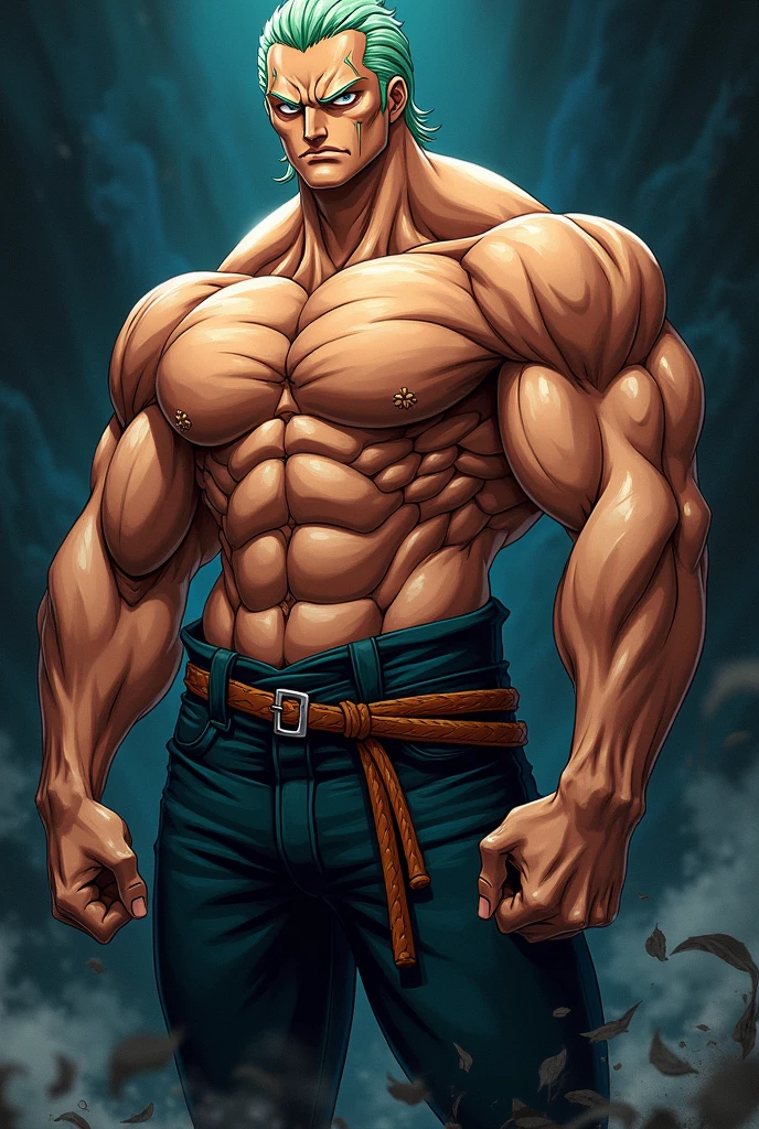 Create an anime-style character Roronoa Zoro who is a bodybuilder. The character should have a muscular and well-defined physique, with visible veins and a strong, confident posture. with vibrant colors and dynamic black dark background shading.