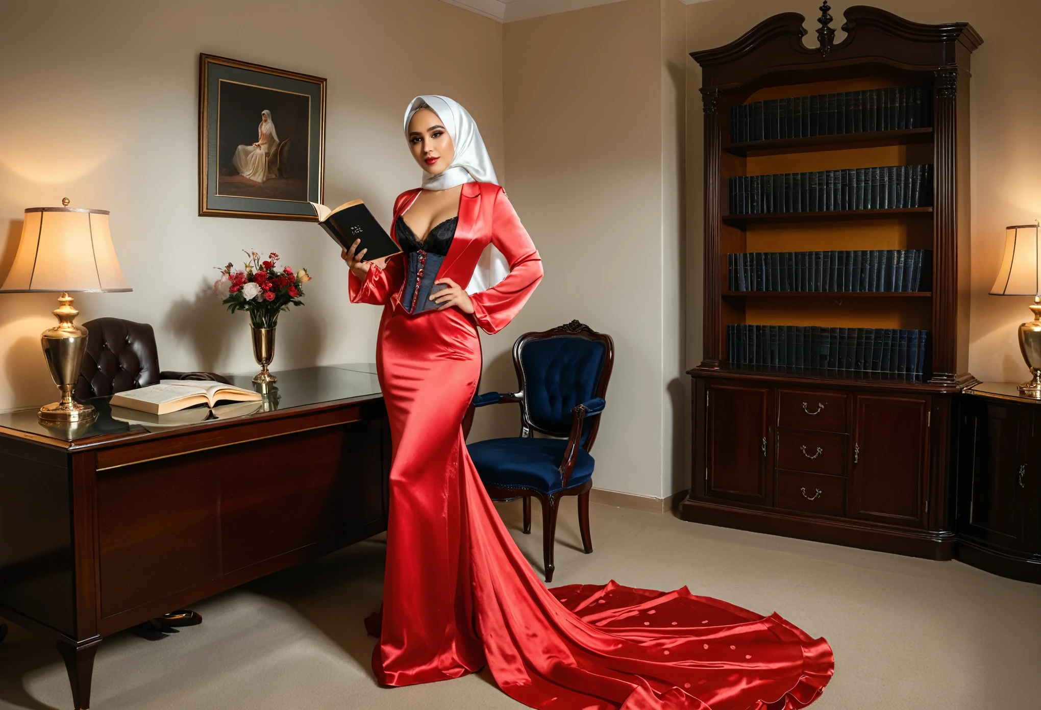 A woman secretary in the translucent red night gown, half naked, wear corset with bra expose, wear blazer,wearing satin hijab, full body,mermaid tight long gown, flowy dramatic long gown abaut 6 meter long,very long flor length gown, tall women, in office room,wear glass, hold a book,
 sexy face, sexy pose, wear high heels, masterpice, hyper realistic