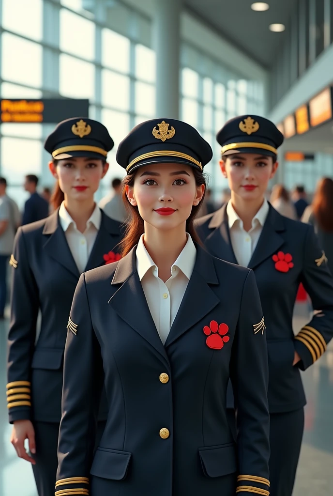 Create pilots and captains who are at the airport and their uniform has the pumclo brand and a cat paw print in red plus real women with a cat paw print 

