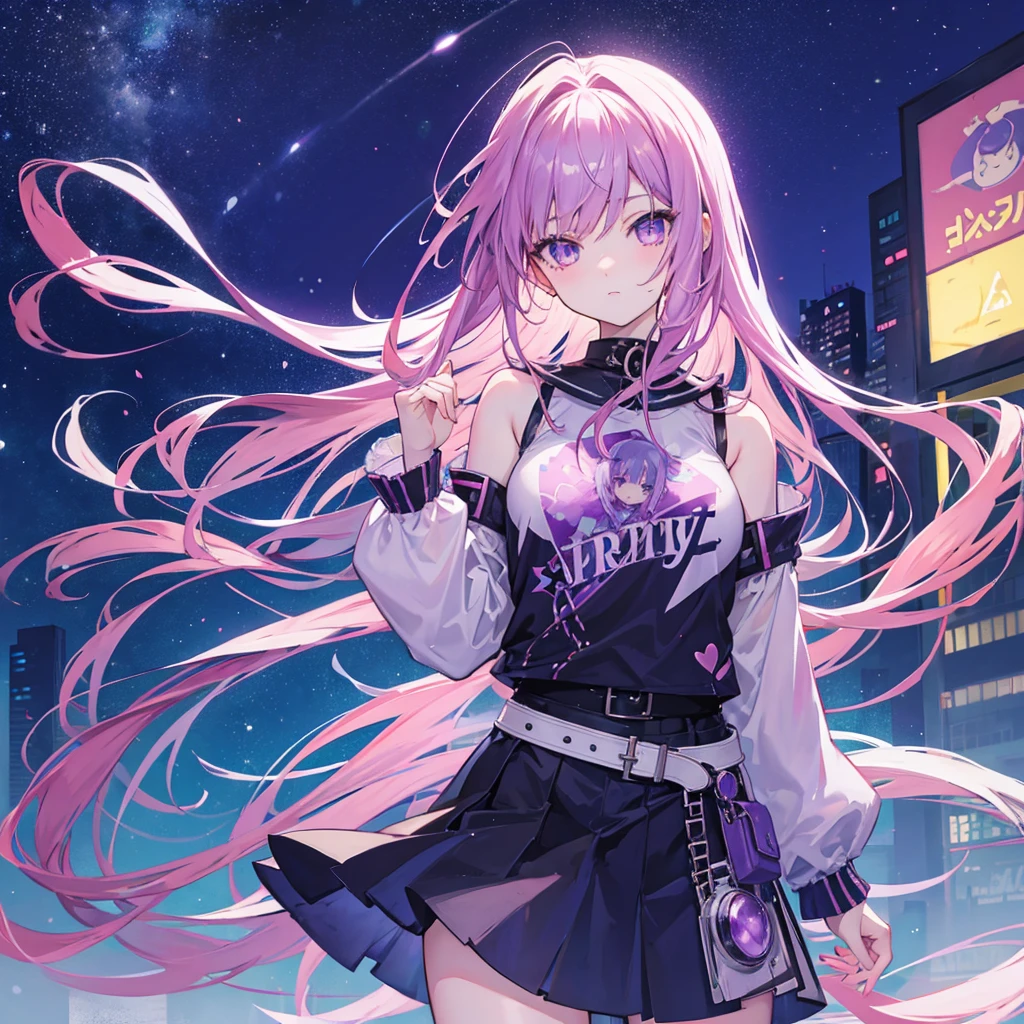 anime girl is wearing aesthetic outfit with a text "amethyst" on her clothes, in citylights background